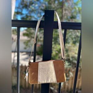 Jane Marie Gold Leather Panel Crossbody Bag NWOT